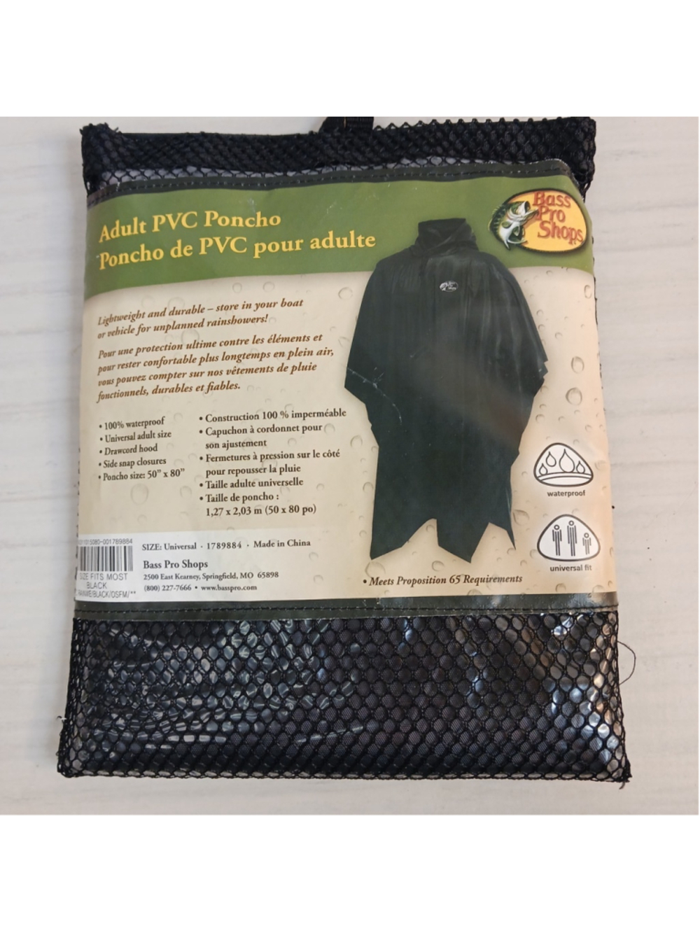 Bass Pro Shops Adult PVC Poncho Waterproof One Size Fits Most 50x80